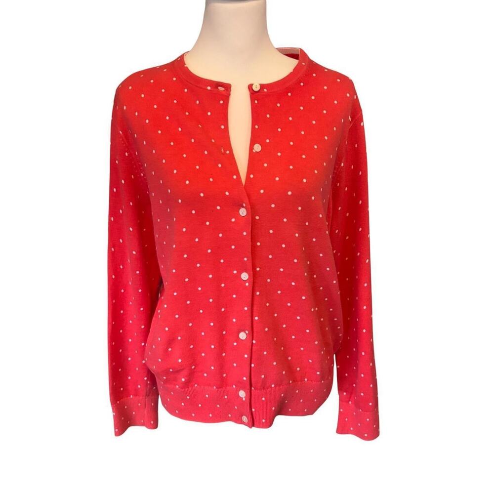 Teachercore Lands End Womens Red Polka Dot‎ Button Front Cardigan Sweater PL